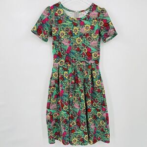 Lularoe Size Small Green & Pink Floral Fit & Flare Amelia Dress Short Sleeve
